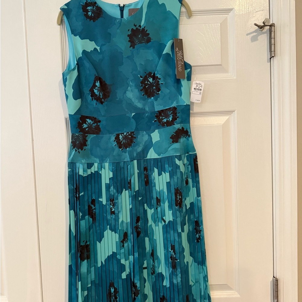 Lela Rose Blue and Black Pleated Sheath Midi Dress